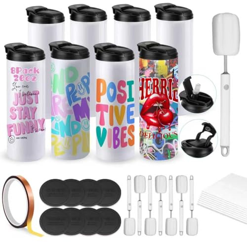 Cafultgo Sublimation Tassen 8 Pack Sublimation Wasserflasche 20 Oz Edelstahl Tumbler Gerade Sportflaschen Tassen Mit Tragbarem Sippy up Deckel Mit Stroh, Für Tumbler Heat Press(8PCS-A)