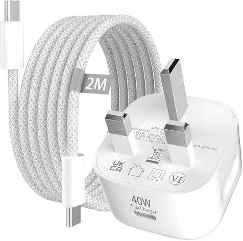 40W USB C Charger for iPhone 17, Fast Charging Type C PD Plug Block UK | USB C Fast Charger Plug + 2M USB C Braid Cable for Apple iPhone 17 Air 16 Pro 16 Pro Max 16 Plus 15 Series iPad Pro/Air