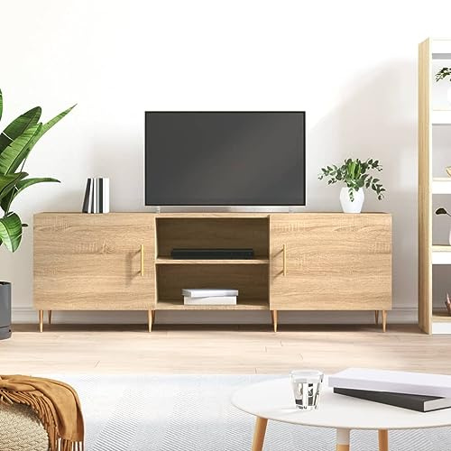 Meuble TV Bois d'Ingénierie 150 cm Chêne Sonoma, Buffet Télé Moderne avec 4 Casiers et Porte, Étagère Média pour Salon Salle à Manger, Design Stable avec Pieds en Fer et Fixation Murale Incluse