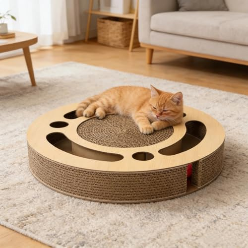 BRRDAQU Kratzbrett Katze mit Klingelballs Kratzpappe 3-in-1 Wellpappe Kratzmatte und Ruheplatz für Katzen Interaktives Katzenspielzeug für Erwachsene Und Kätzchen (33cm)