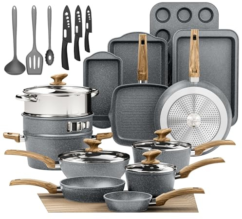 Kitchen Academy NonStick Bakeware and Cookware Set, 30 Pieces Grey | Non-Stick Pots and Pans Set, Induction Pan Set, Granite Non-Stick Saucepan Set for Induction Hobs, Gas, Microwaves