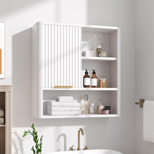 Warmiehomy Bathroom Wall Cabinet Bathroom Storage Cabinet 60x20x60cm, White | Bathroom Cabinets with Movable Waving Pattern Door,Wall Cabinet Adjustable Shelf Medicine Cabinet Cupboard Toilet Unit