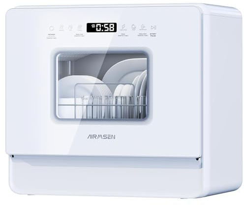 AIRMSEN Lavavajillas Portátil Pequeño con 7+2 Programas, Función de Sal Absoftante Depósito de 5L Control Táctil y Pantalla LED, Para Cocinas, Apartamentos y Dormitorios, Blanco