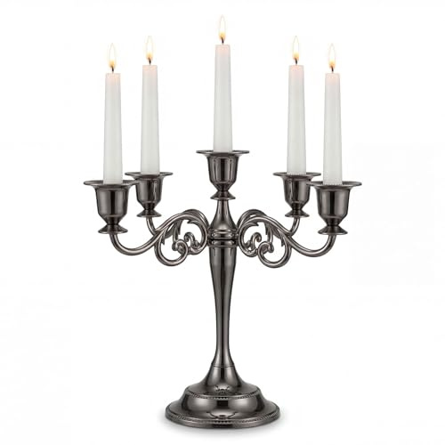 Metal Candelabra Candle Stick Holder, 5-Arm Candle Stand 27cm Tall, Vintage Finish Taper Candle Holder for Wedding Table Centrepiece Home Decor Black