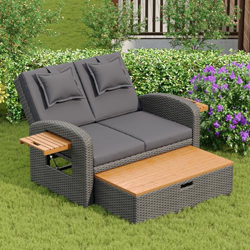 Merax Gartenmöbel Set 2 Personen, Rattan Lounge Sofa mit Verstellbarer Rückenlehne&Stauraum Tisch, wetterfest Balkonmöbel Terrassenmöbel mit Faltbare Regalen,inkl. 2 Rücken- und 6 Sitzkissen