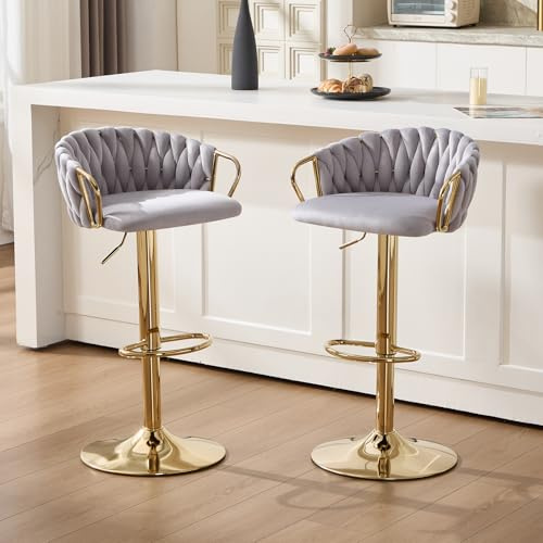 Chummaven Samt Barhocker 2er Set geflochtene Küchenhocker Grau Gold | höhenverstellbar, drehbar, gepolstert, Armlehnen Lehne Fußstütze Metallgestell, moderne Tresenhocker für Kücheninsel Hausbar