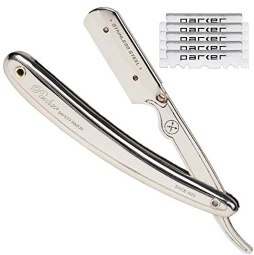 Parker Safety Razor Parker Sr1 Bord Droit en acier inoxydable Coiffeur rasoir et 5 Shark super Lames inoxydable