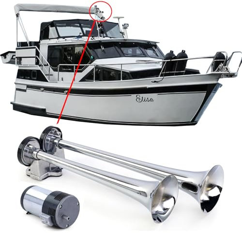 2-Klang Boots-Fanfare Hupe mit 2 Metall Hörnern Chrom + Kompressor 12 Volt