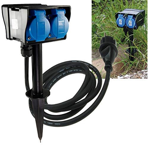Gartensteckdose 4-fach 230V Aussensteckdose mit Erdspieß IP44 2m Kabel Gummischlauchleitung mit Klappdeckel I Gartenbeleuchtung Wetterfest