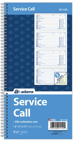 Adams Service Call Book, 5.25 x 11 Inch, Spiral Binding, 2-Part, Carbonless, 4 Messages per Page, 200 Sets, White and Canary (SC1155), White/Canary