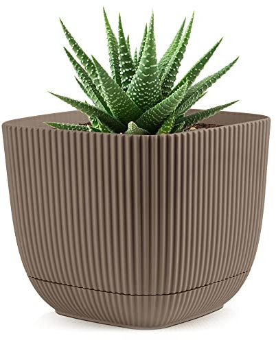 Konzept 11 - Blumentopf klein 0,68 l mit Unterzetzer, quadratischer Übertopf 11 x 11 cm, Pflanzentopf für Zimmerpflanzen aus Kunststoff, Braun