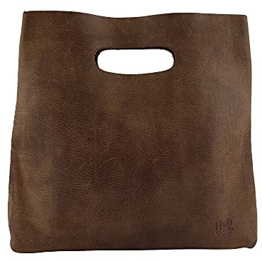 Hide & Drink, Minimalistische Handtasche, handgefertigt aus Vollnarbenleder und Schaffell, Bourbon-Braun, Small