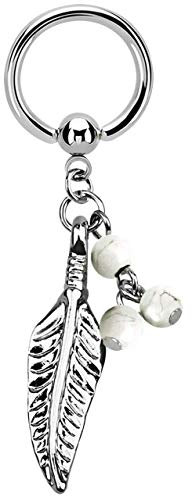 Modern Nature Piercing-Schmuck Intimpiercing Ring BCR 316l Stahl in 1,6 x 10 mm mit Feder Anhänger in weiß