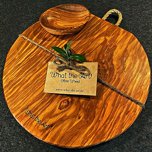 What the Art!® Olive Wood «Soleil» L | Olive wood cutting chopping board + dip bowl + gift | 25 x 25 x 2 cm