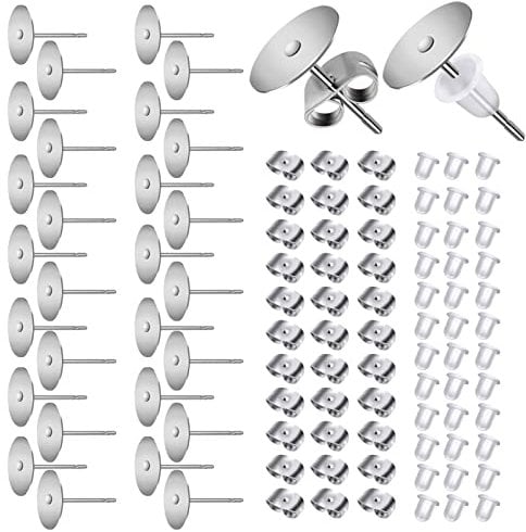 TOAOB 300 Pezzi Orecchini Perni Piatto Basi in Acciaio Inossidabile 10 mm e Ferma Orecchino Farfalla e Trasparente Gomma Backs Support per Creazione Gioielli Fai da Te