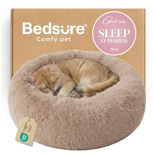 Bedsure Calming Cat Beds for Indoor Cats - Small Cat Bed Washable 20 inches, Anti-Slip Round Fluffy Plush Faux Fur Pet Bed, Fits up to 15 lbs Pets, Camel