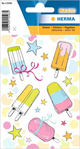 HERMA 15598 Glitterfolie Sticker für Kinder, Eis am Stiel (17 Aufkleber, Folie, glitzernd) selbstklebend, permanent haftende Motiv Etiketten für Mädchen und Jungen, bunt