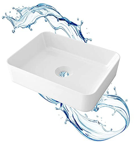 STARBATH PLUS - Lavabo sobre encimera rectangular blanco sin taladro grifo - Encimera baño - Lavabo sobre encimera cerámica - 49 x 38 x 13.5 cm