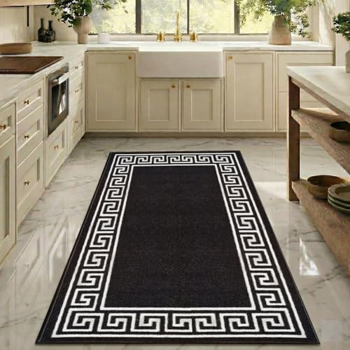 PHP Carpet Runners for Hallways Non-Slip Long & Wide Heavy-Duty Plain Super Absorbent Area Rugs, Stair Carpet and Kitchen Anti-slip Floor Mats - Greeky Rug (Black & White, 80 x 150 cm - L Runner)