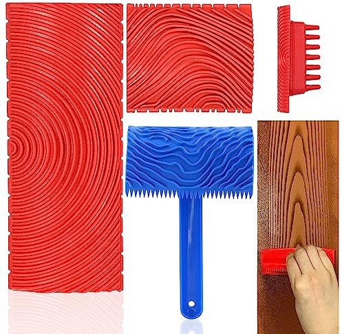 GZjiyu 2 Piezas Veteador Efecto Madera y 1 Piezas Rodillo Efecto Madera con Mango para DIY Hogar Pared Madera de Imitación Decoración Arte de Pintura