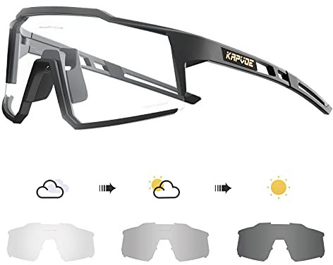 KAPVOE Photochromatische Selbsttönend Fahrradbrille TR90 Rahmen für Herren Damen Klar Sportsonnenbrille Sport Radfahren MTB Radbrille Sportbrille Fahren Baseball Laufen klar Schwarz 04