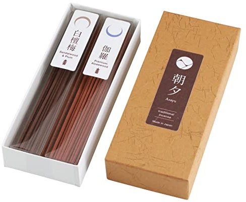 Asayu Japan Räucherstäbchen - Tempel Set (Sandelholz + Pflaume Mischung & Premium Adlerholz), ca. 80 Stück (40g), 13.5cm Länge, Traditioneller Rauch, Made in Japan - Für Yoga, Meditation, Entspannung