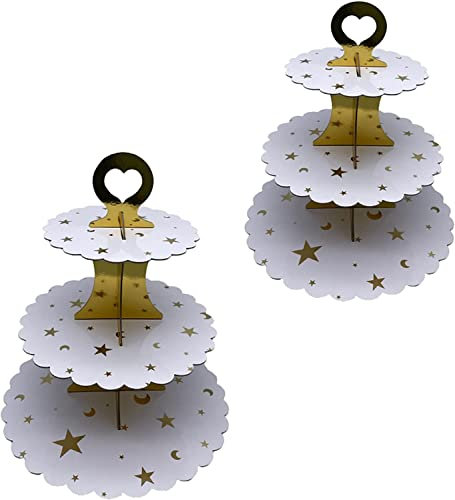 KINMRIS 2 Stück Silber Tortenständer aus Karton, 3 Etagen Servierständer Muffinständer Cupcake Ständer für Geburtstag Party, Kaffeetafel, Hochzeit, Babypartys (I-Goldene Sterne und Mond)