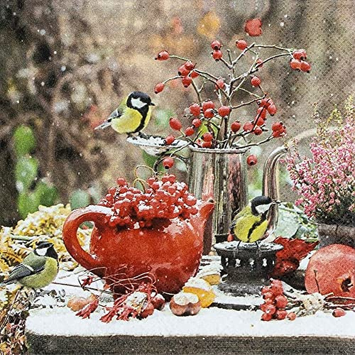20 kleine Cocktail-Servietten Blaumeisen am Wintertisch| Tiere | Vögel | Weihnachten | Winter | Tischdeko | Decoupage | Serviettentechnik 25x25cm