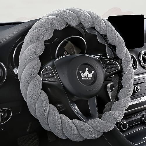 HighnessHwoo Luxuriöser Flauschiger Winter Lenkradbezug für Damen und Mädchen, Weicher Plüsch, Warm, Miedlich, Mädchenhaft, Auto Innenzubehör für Jeep-LKW, F150, rutschfest, Grau, Grössen(39-41cm)