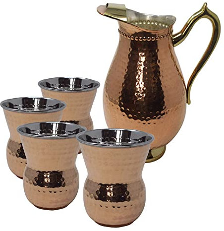 VG® 100% Pure Indian Copper Hand Hammered Finsh 1.5 Litre Copper Jug & 4 Tumbers 400ml Set Discover Amazing Ayurvedic Health Benefits Today Fill up Overnight Drink on Empty Stomach in The Morning