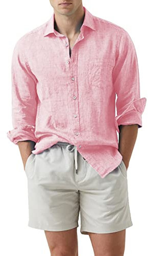 APOONABA Uomo Camicia in Lino Manica Lunga Cotone Shirts Tinta Unita Business Camicia Casual Classiche Shirt Molla Autunno Estate Rosa 2XL