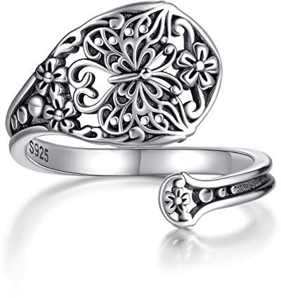 oGoodsunj Sterling Silver Spoon Rings for Women: Vintage Butterfly Lotus Just Breathe Turquoise Dragonfly Cross Rose Vintage Antique Thumb Ring Jewelry Gifts for Mom Grandma, Silver, No Gemstone