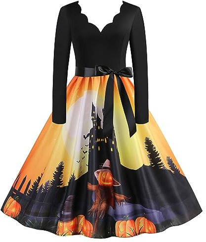 Prinzessinnenkleid Halloween-Kostüm Damen Vintage Kürbis bedruckt Langarm Verkleidung Erwachsene Cosplay Abendkleid Audrey Hepburn Swing Textil traditionell lokal Geburtstag, Orange, XXL