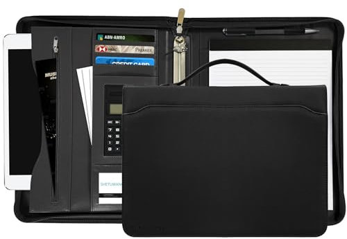 Porte Document à anneaux en O, Portfolio en Cuir PU Porte Documents de Conférence Organisateur Pochettes avec Calculatrice Support Reliures Homme Femme Noir