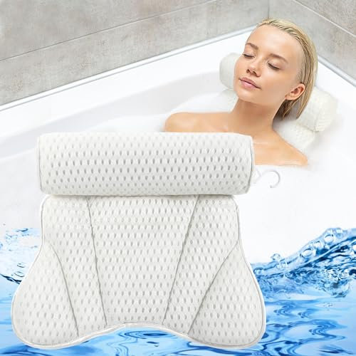 Almohada Bañera, Malla 4D Almohada de Baño, Almohada para Bañera con 6 Ventosas Antideslizantes, Reposacabezas Ergonómico, Puede soportar la Cabeza, el Cuello, la Espalda, para Bañera de Hidromasaje