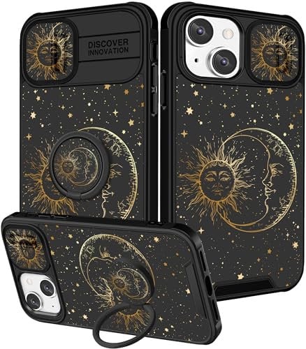 Pegmode (2in1 for iPhone 15 Case for Women Sun and Moon Cute Stars Girls Phone Cases Star Golden Space Unique Design with Slide Camera Cover+Ring Holder Fashion for Apple iPhone 15 Cover 6.1 inch