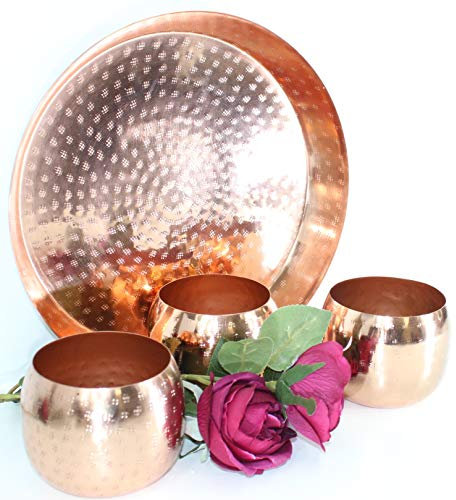 WINDLICHTER + TABLETT ORIENTALISCH 4-teilig | Vintage Teelichthalter Dekoschale | Metall Gold Marokkanisch Farbe Kupfer Dekoration