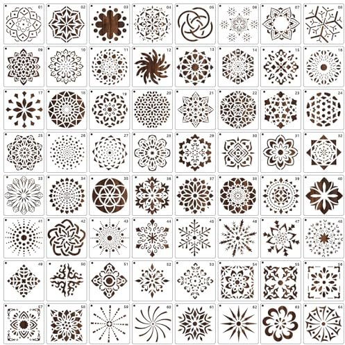 MWOOT 64 Pezzi Mandala Painting Stencil per Dipingere Piccoli Mandala,DIY Plastic Disegno Punto Stencils,Riutilizzabile Pittura Modelli Arredo Tessuto Roccia Pietra Tela Decorazioni(7.6x7.6CM)
