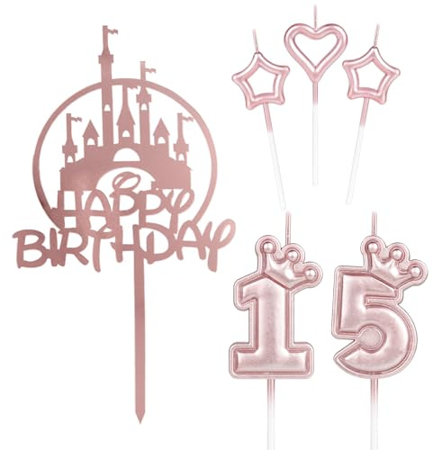 Happy 15th Birthday Candles Cake Toppers, Pink Castle Cake Topper, Crown Number 15 Candle for Cake, Pink Cake Candles Cake Toppers for Girls Women Birthday Party 15th Wedding Anniversary Decorations