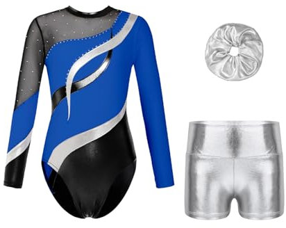 Oyolan Mädchen Kinder Gymnastikanzug Turnanzug Glitzernde Gymnastikbody Langarm Turntrikot mit Kurze Hose Tanzkostüm Königsblau A 170