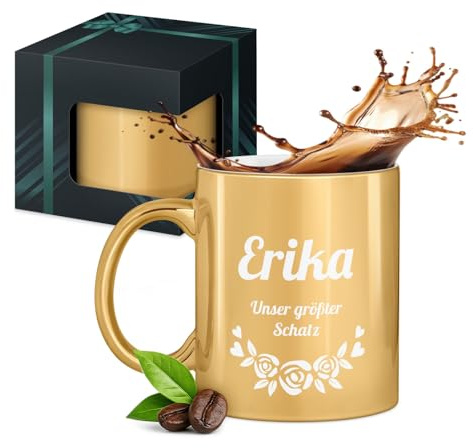 Maverton Gold Keramikbecher 330ml mit Gravur, Kaffeetasse mit Henkel | personalisierter Kaffeebecher für Frauen zum Geburtstag zu Weihnachten, gold glänzend/innen weiß, Schatz