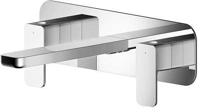 Balterley Wall Mount Basin Mixer Tap & Back Plate, 3 Tap Hole Basin Taps, Square Bathroom Taps, Flat Square Spout, Flat Dual Lever Handles & Rectangular Backplate - 75 x 199 x 280mm (Chrome)