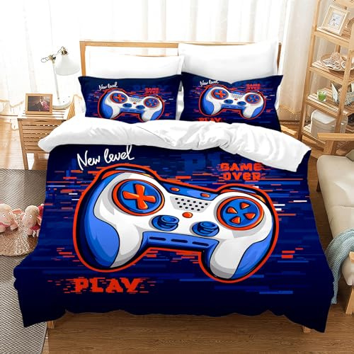 PORJDN Housse de Couette Gaming Ensemble de literie garçons Gamepad Taie d'oreiller 65x65cm Ensemble Effet 3D Gamepad Impression Microfibre Housse de Couette. (Style E, 220x240cm)