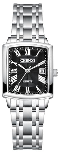 JewelryWe Uhren Damen Edelstahl Rechteckig: 30m wasserdichte Kalender Analog Quarz Armbanduhr Frauen Silber Edelstahl Band Uhr Damenuhr mit Schwarz Rechteck Römischen Zahlen Zifferblatt