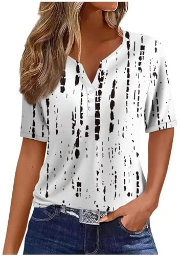 Summer Tops for Women UK Sale Elegant Blouse Shirts UK Plus Size Vacation Trendy Dressy Blouses V Neck Button Floral Short Sleeve T-Shirts Casual Loose Comfy Stretch Tunic Top