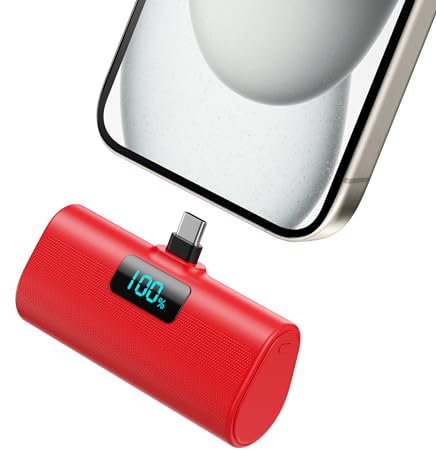 Batterie Externe pour iPhone 16/15 Series, 5200mAh USB C Power Bank à Charge Rapide, Ultra-Compact et Léger Batterie Portable Écran LCD Chargeur Portable pour iPhone 16/15/15 Plus/15Pro Samsung-Rouge