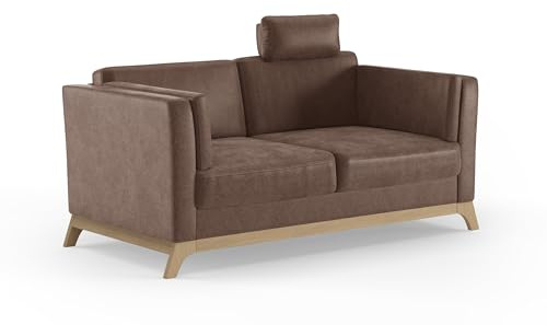 Cavadore 2,5er-Sofa Vida / 2,5-Sitzer Couch im trendigen Design mit massivem Holzrahmen in Buche, Kopfstütze mit Kuschelkissen / 183 x 84 x 93 / Mikrofaser, Hellbraun