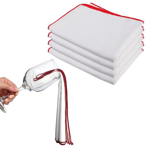 Vaileal Lot de 4 chiffons de polissage en microfibre pour verre à vin - 45 x 60 cm - Réutilisables - Sans traces - En microfibre - Avec bord rouge