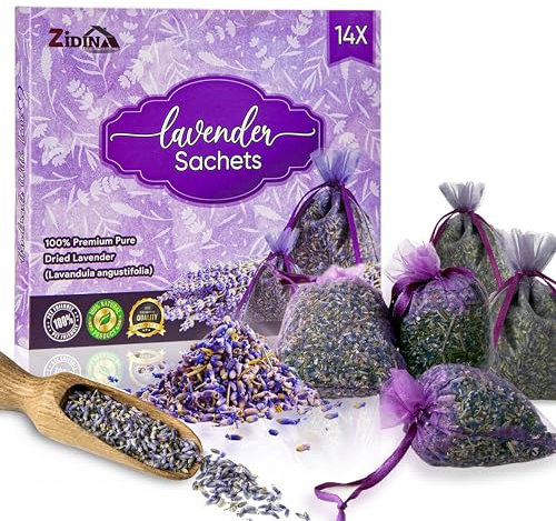 ZIDINA Lavanda Seca Natural - Pack de 14 Bolsitas de Lavanda para Polillas, Natural y Eficaz para Armario, Hogar y Coche – Ambientador, Repelente de Polillas y Fragancia Relajante de Lavander