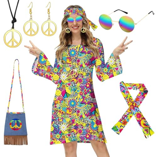 TOLOYE Deguisement Hippie Femme, Deguisement Année 60 Année 70 avec Lunettes Accessoires 60s 70s, Deguisement Disco Femme, Costume Hippie Robe Hippie Boheme pour Cosplay Carnaval Bal Masqué (L)
